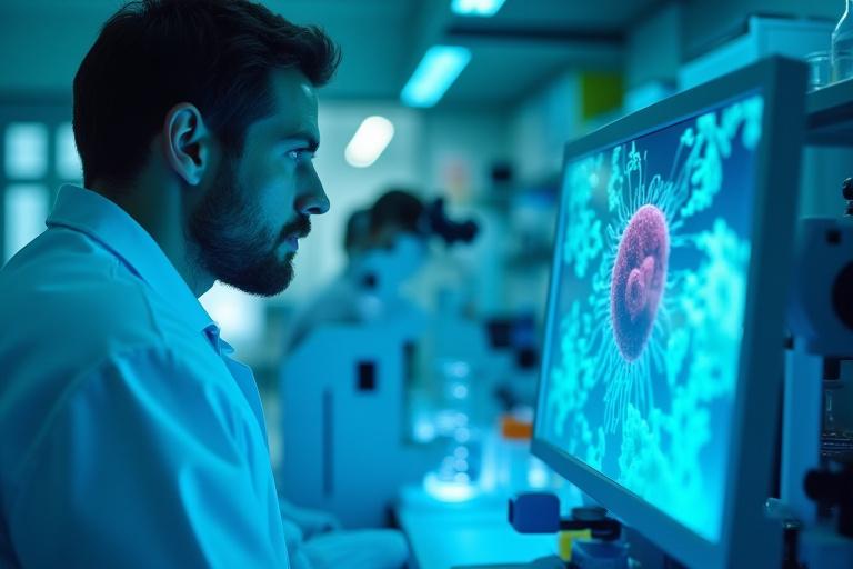 Wissenschaftler blickt auf einem Bildschirm auf Mikroskopbilder