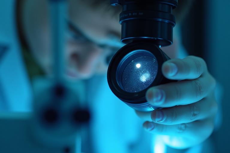 Ein Techniker prüft eine Kameralinse unter einem Mikroskop