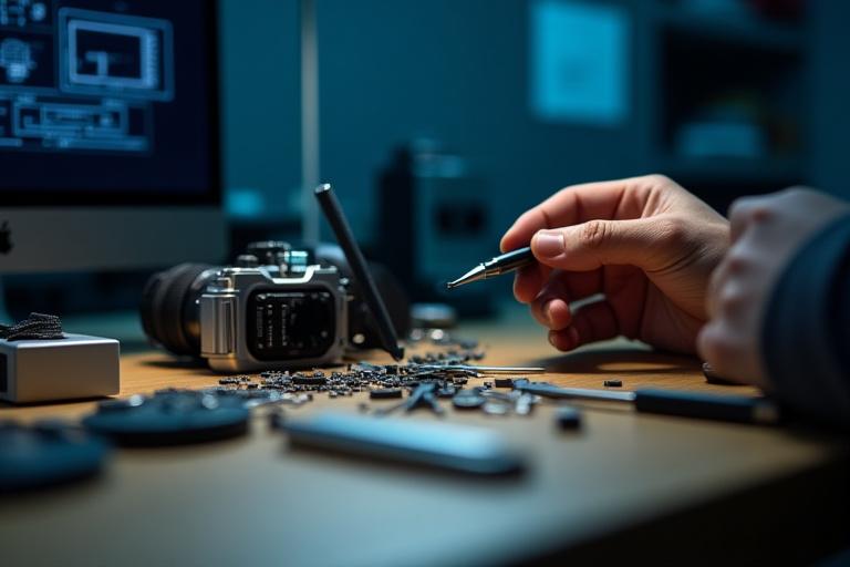 Werkbank mit Werkzeugen für die Kamerareparatur