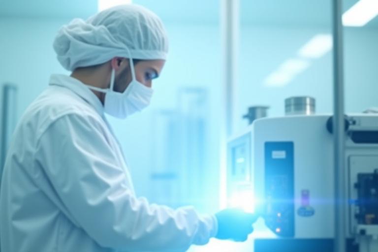 Mitarbeiter in Schutzkleidung arbeitet in einem hochmodernen Reinraum